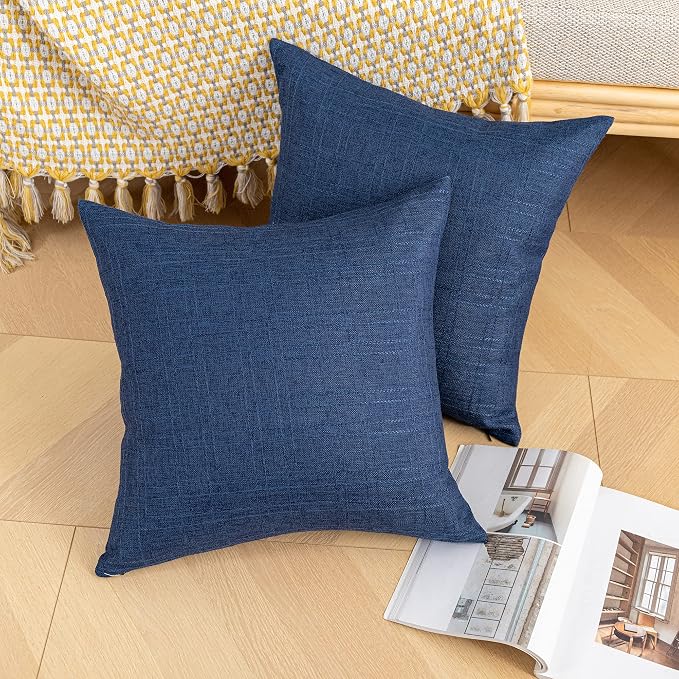 Kevin Textile Outdoor Waterproof 20”x20” Pillow Covers 2 Pack, Blue | Water Resistant, Soft Faux Linen-cotton Yarn-dyed Woven Texture Throw Pillow Covers for Tent Patio Garden Couch Sofa