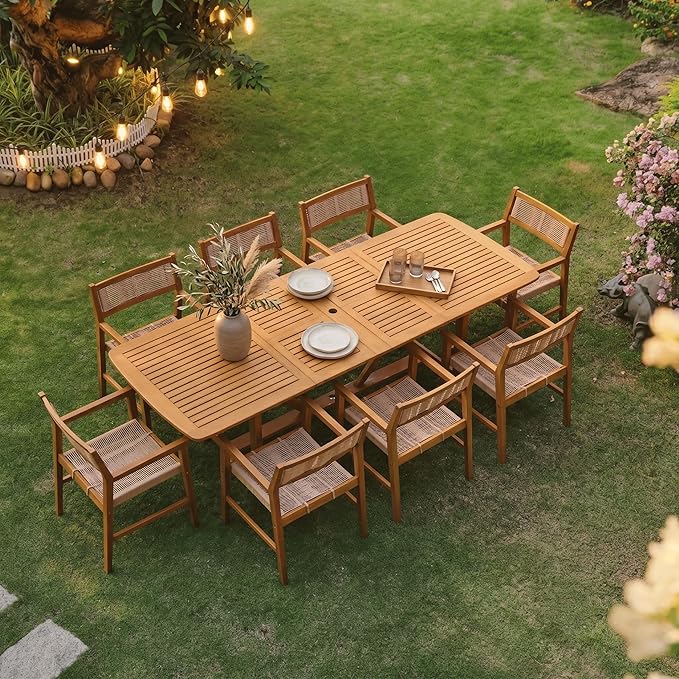 NTC Flexa Extendable Outdoor Dining Table, 63"–94.5" Solid Wood Patio Table for Patio Dining Sets with Umbrella Hole, Seats 6–10, Weather Resistant, Easy Assembly, Natural
