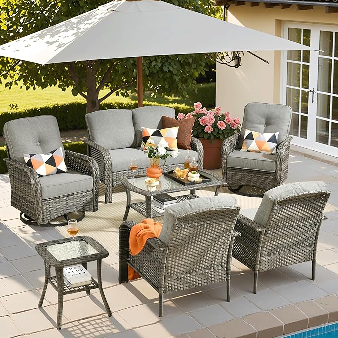 ovios 7-Piece Patio Furniture Set, Outdoor Wicker Sofa with Swivel Chairs Coffee Table, High Back Rattan Couch Loveseat with Comfy Cushions for Porch Yard Deck, Dark Grey
