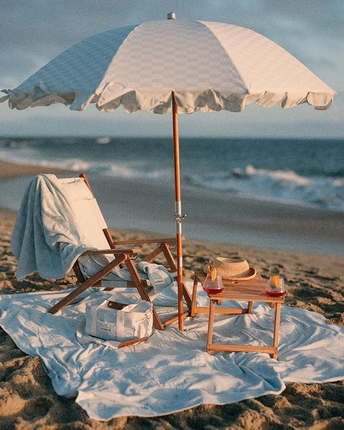 Business & Pleasure Co. Folding Picnic Table - Perfect Mini Outdoor Table for Picnics, Beach, & Concerts - 4 Wine Glass Holders - Umbrella Hole - Premium Teak Hardwood