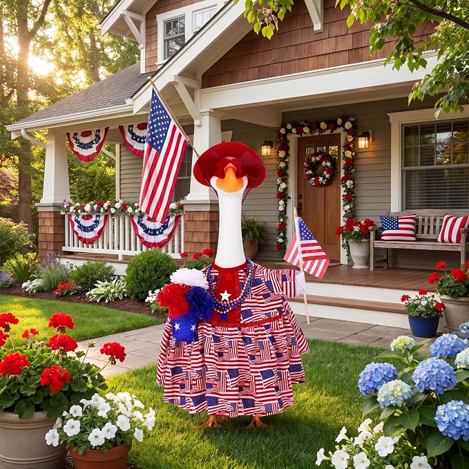 Abbylike 4th of July Porch Goose Outfit Fit 23" Plastic & Cement Statue American Flag Goose Skirt Clothes for Patriotic 250th Anniversary Independence Day Outdoor Garden Yard Patio Lawn Decor