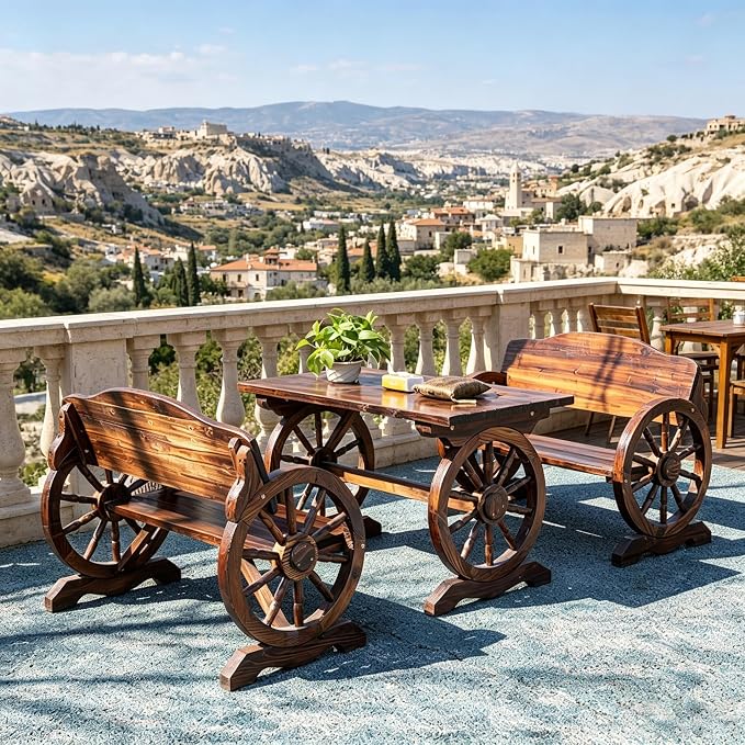 3 Pieces Patio Dining Set, Outdoor Wooden Rectangular Table and Benches,Rustic Wheel Bench Outside Furniture Set for Patio Porch,Deck, Lawn, Garden and Backyard(63in)