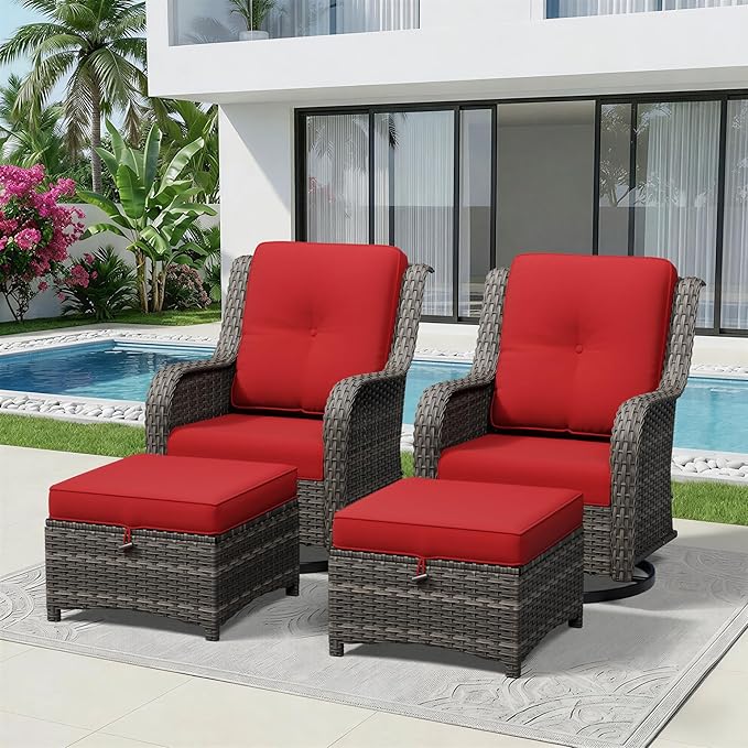 4 Piece Outdoor Wicker Patio Furniture Set, Outdoor Swivel Rocker Patio Chairs Set with Thickened Olefin Cushions, High Back and Deep Seating, Hand-Woven PE Rattan, Ottoman for Porch, Deck