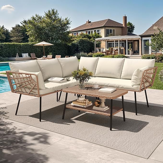 YITAHOME 4PCS Patio Furniture Set L Shape Outdoor Couch with 2-Tier Coffee Table and Thick Cushions Patio Conversation Set Rattan Sectional Sofa Boho Outdoor Furniture Set with 5 Seater for Backyard