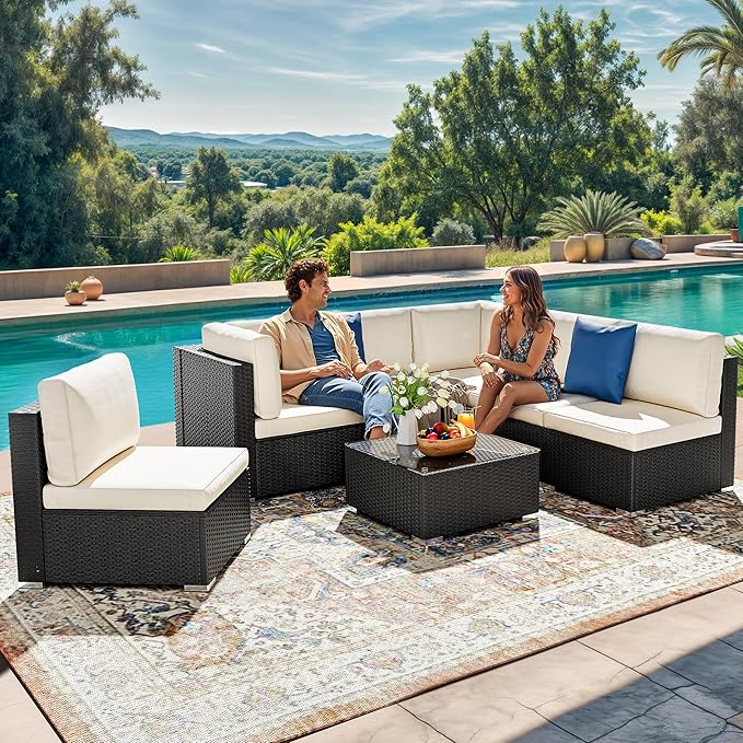 DWVO 7-Piece Patio Furniture Set, All-Weather PE Rattan Wicker Outdoor Sectional Sofa with Soft Cushions & Coffee Table, Patio Conversation Set for Backyard, Garden, Porch, Balcony (Beige+Black)