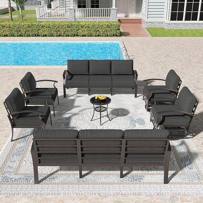 Kullavik Aluminum Patio Furniture Set,7 Pieces 10 Seat Metal Outdoor Furniture Conversation Set w/5.1" Cushions,Swivel Rocking Chairs Set,Black