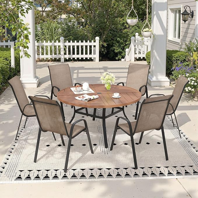 7 Pieces Outdoor Dining Set, 47.3" Spliced Patio Table with Umbrella Hole & Stackable Outdoor Dining Chairs, Patio Furniture Set for Deck Garden Porch, Brown Chairs & Walnut Table