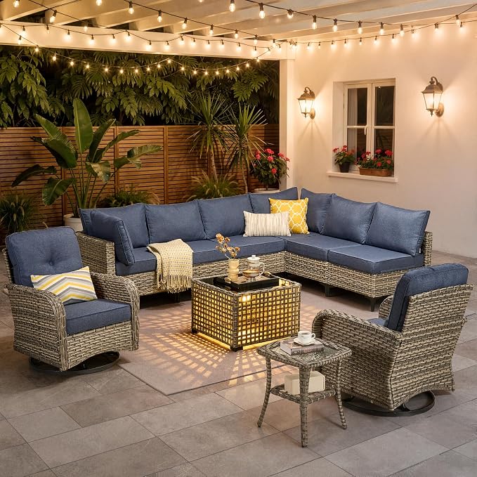 10 Pieces Patio Furniture Set, Outdoor Conversation Set with 360° Swivel Rocker Chairs, Wicker Sectional Sofa Solar Coffee Table, High Back Outdoor Furniture L Shaped Couch for Porch Deck, Denim Blue