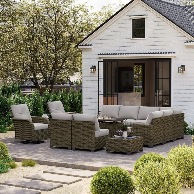 LET'S PATIO Luxury Patio Furniture Set with Fire Pit Table，13 Piece Outdoor Furniture Sectional Set with Swivel Rocker Chairs of 2，All-Weather Patio Sectional Sofas with Thickened Cushions, Grey
