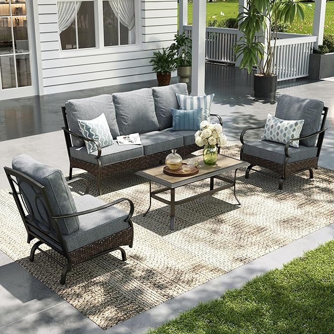Sophia & William Patio Furniture Set, 4 Piece Metal Outdoor Conversation Set with 3-Seater Outdoor Couch, 2 Sofa Chairs, 1 Coffee Table for Outdoor Seating, Backyard, Porch(Grey)