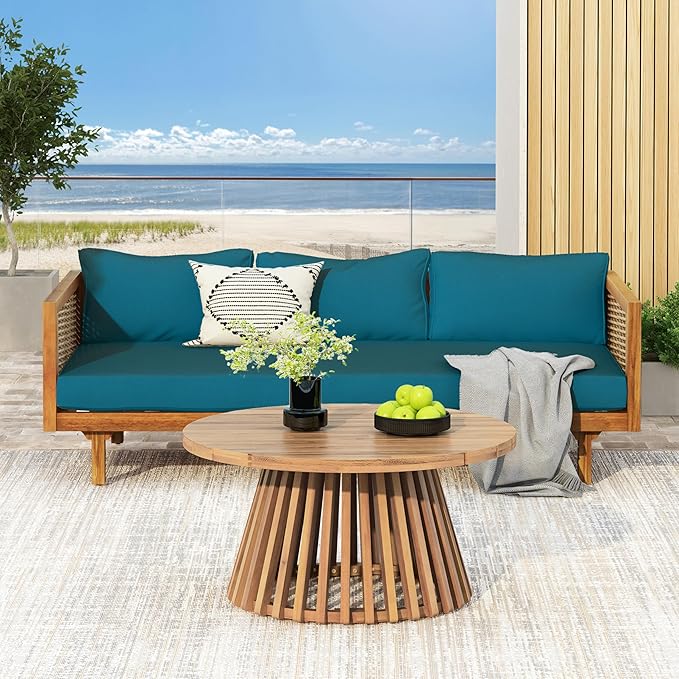 Merax Outdoor Acacia Wood Conversation Set - Patio 3-Seat Loveseat Sofa w/Coushion and Round Coffee Table for Backyard, Lawn, Balcony, Teak+Teal/LightTeak