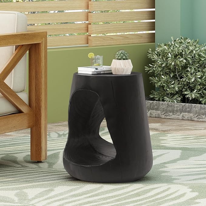 Lightweight Concrete Outdoor Side Table,Hollow Outdoor End Table, Wood-Like Texture Modern Small Accent Table for Patio Garden Balcony Porch Antique Black 16.75" H