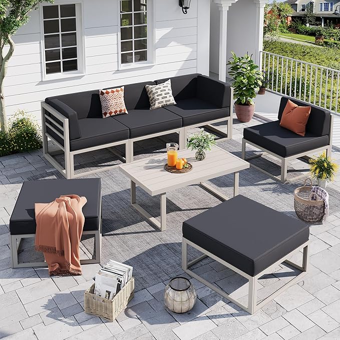 UDPATIO Aluminum Patio Furniture Set, Modular Oversized Outdoor Sectional of Olefin 5 inch Thick Cushion, Coffee Table and Waterproof Cover, Patio Conversation Sets for Porch, Deck
