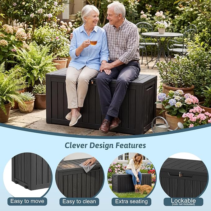 EasyUp 75 Gallon Outdoor Storage Box, Waterproof Compact Resin Deck Box with Wheels, UV-Resistant for Patio Furniture, Outdoor Cushions, Garden Tools and Pool Floats (Black, 75 Gallon)