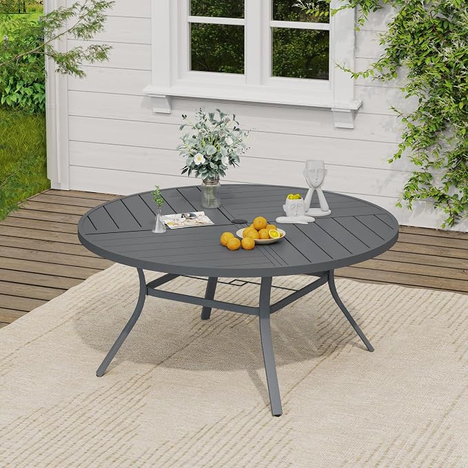 VICLLAX 53" Round Outdoor Table, Patio Dining Table for 8 with Umbrella Hole for Garden Lawn Deck Backyard, Dark Grey