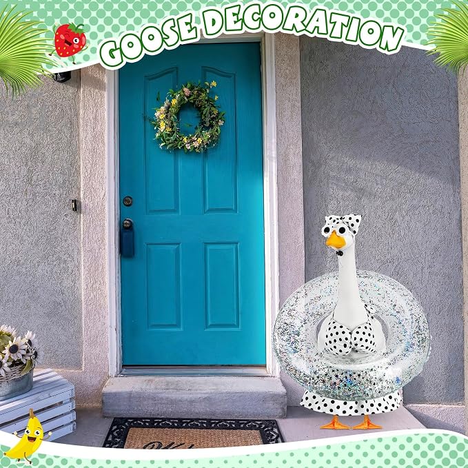 Bikini Porch Goose Outfits with Sunglasses and Swimming Tube for 23" Summer Goose Costume Garden Patio Statue Decor(Black Polka Dots)