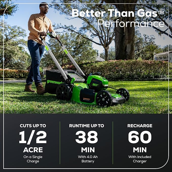 Greenworks 80V 21" Brushless Cordless (Push) Lawn Mower (LED Headlight + Aluminum Handles), 4.0Ah + 2.0Ah Battery and Rapid Charger Included (75+ Compatible Tools)