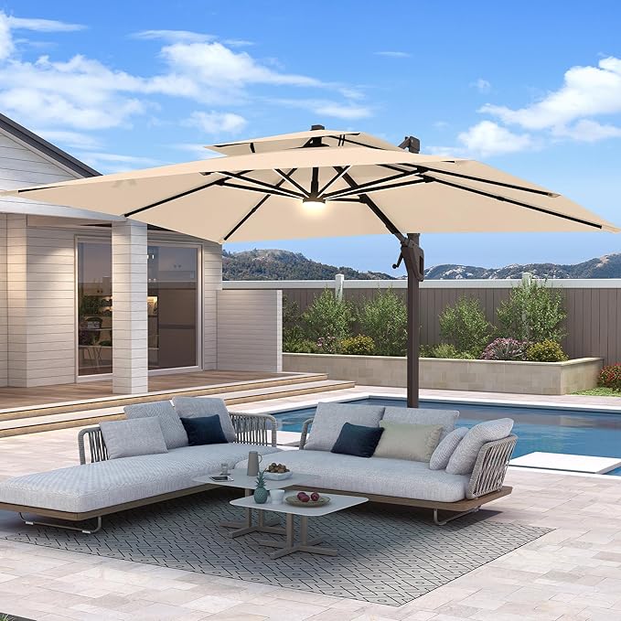 10 X 13 FT Cantilever Patio Umbrella with Led Lights Outdoor Rectangle Offset Large Double Top Heavy Duty Umbrellas with 360°Rotation for Pool Deck Backyard Garden, Beige