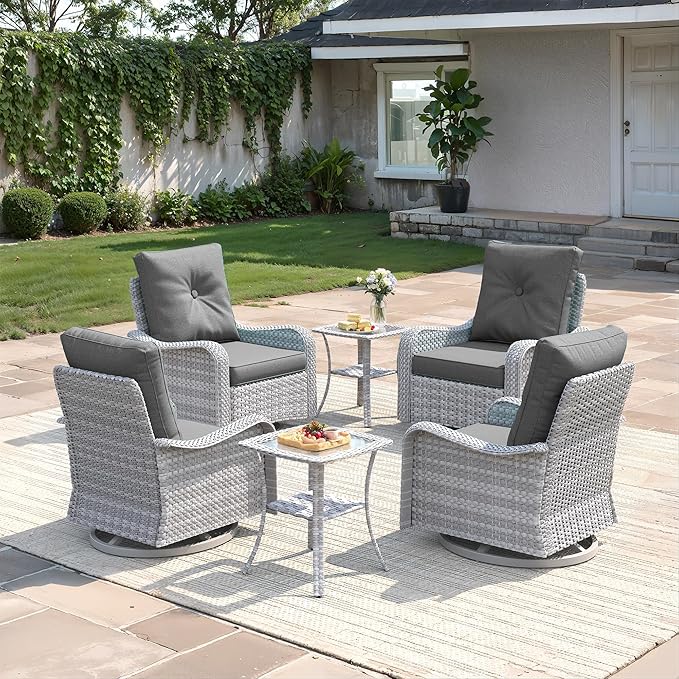 6-Piece Patio Furniture Set, Outdoor Swivel Rocking Chairs with 4" Thick Cushions & Side Table, All-Weather PE Rattan & Rust-Resistant Steel Frame Conversation Set for Porch, Garden, Backyard, Black