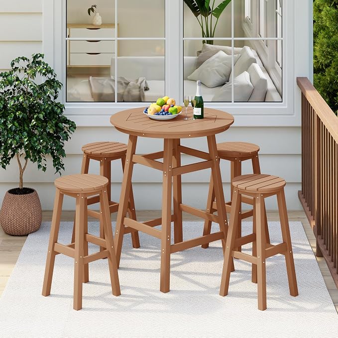 Costaelm Patio Bistro Table, 42" Counter Height Round Patio Cocktail Bar Table with Umbrella Hole, Outdoor Bistro Dining Pub Table for Front Porch Deck Backyard Garden, Teak