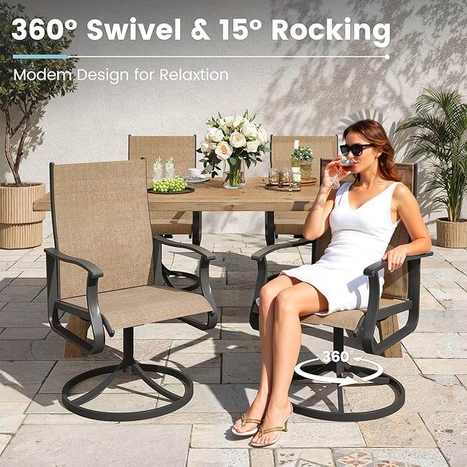 7 Pieces Patio Dining Set, Patio Outdoor Furniture Set of 6 Patio Swivel Dining Chairs and Patio Spliced Rectangular Tabletop with Umbrella Hole, for Deck, Backyard, Poolside & Garden