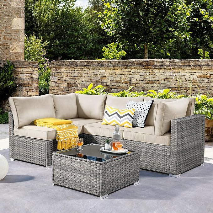 ovios Outdoor 5 Piece Coversation Set with Coffee Table,Sectional Patio Furniture Set with All-Weather Wicker Sofa,Modern Outside Couch for Balcony Backyard Pool, Beige