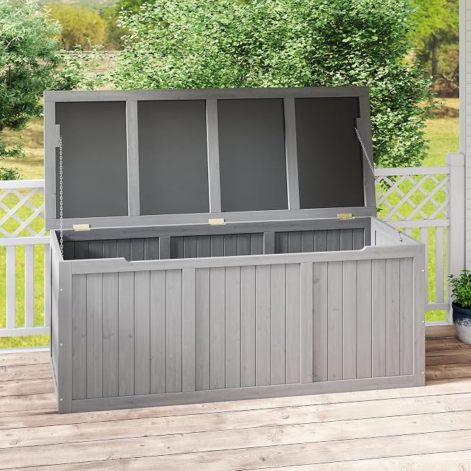 112 Gallon Outdoor Wooden Deck Box Solid Wood Storage Box Seat Table Top for Patio Furniture Cushions, Pool Toys Garden Tools