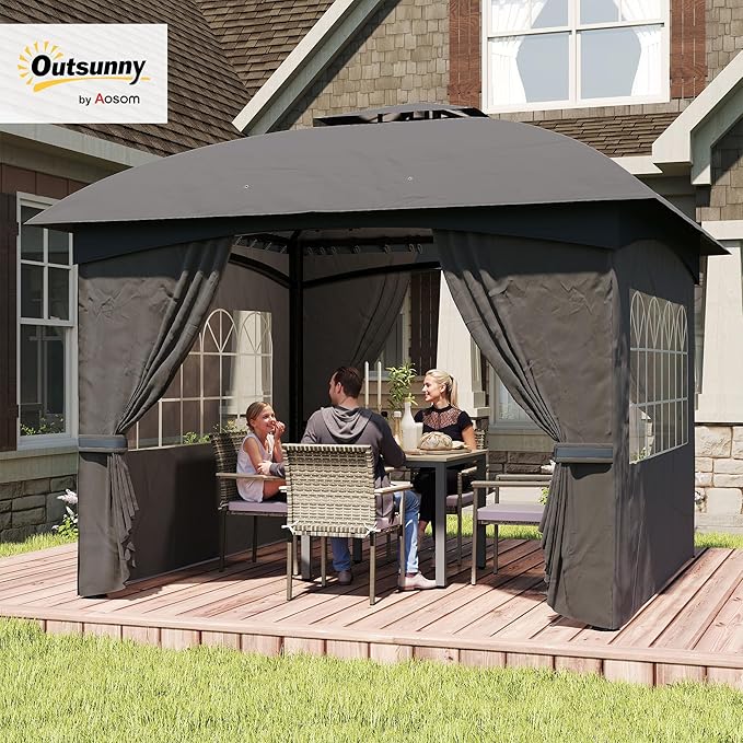 Outsunny 11' x 11' Outdoor Gazebo, Arc Patio Gazebo Canopy Shelter, UV Protected, with Curtains, Church Windows, Double Roof, Galvanized Steel Frame for Lawn, Backyard and Deck, Dark Gray