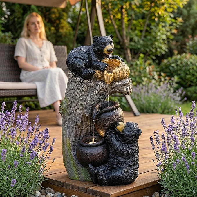 23.62'' Cute Bear Outdoor Water Fountain with LED Lights & Cascading Waterfall, Floor Standing Water Feature with Contemporary Design for Garden Patio Porch Office, Resin