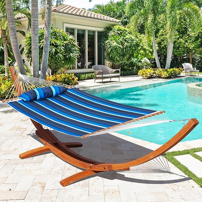 Lazy Daze Hammocks 12 FT Sunbrella Fabric Quilted Hammock Double Sunbrella Quilted Hammock with Spreader Bars & Pillow, All Weather and Fade Resistant for Outdoor, 450 lbs Capacity, Gateway Indigo