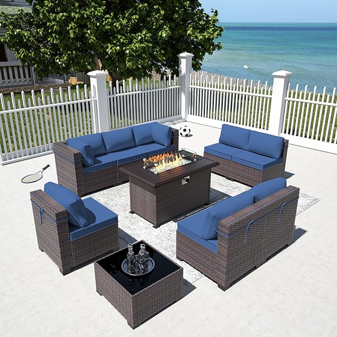10 Pieces Outdoor Patio Furniture Set,Outdoor Sectional Furniture with 43" 55000 BTU Gas Propane Fire Pit Table,All Weather PE Rattan Wicker Patio Conversation Set,Navy Blue