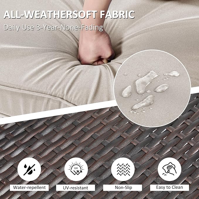 ANJ 5 Piece Outdoor Wicker Patio Furniture Set, Modular Loveseat Sofa with with Glass Top Coffee Table, All-Weather Rattan Conversation Couch Set for Balcony, Backyard, Dark Brown Wicker-Grey