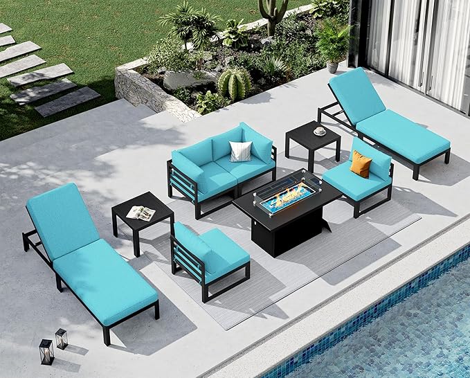 NICESOUL 9 Pcs Extra Large Contemporary Aluminum Outdoor Furniture Set with Chaise Lounge & Fire Pit Table, 29" Deep Wide Couch Set, 500 lbs Heavy Duty Comfy Patio Sectional Sofa for Poolside, Teal