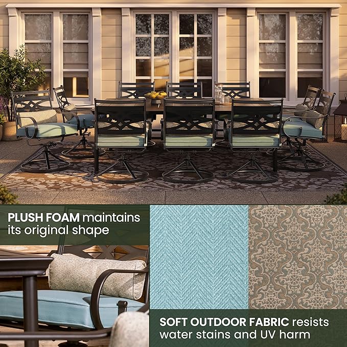 Hanover Montclair 11-Piece Patio Dining Set with 10 Swivel Rocker Chairs, Accent Lumbar Pillows and 84"x60" Steel Stamped Rectangular Table, Large Outdoor Patio Dining Set for 10, Ocean Blue