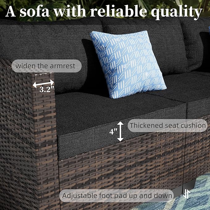 7 Pieces Patio Furniture Set - Outdoor Sectional Wicker Rattan Furniture with Cushion and Glass Table Patio Conversation Sets for Porch Poolside Backyard Outdoor Sofa Set Modular Sofa
