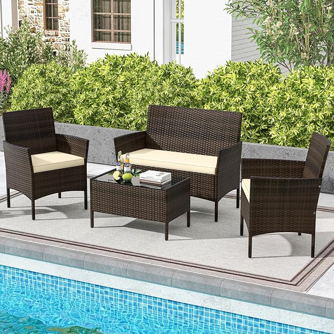 DORTALA 4-Piece Rattan Patio Furniture Set, Outdoor Table & Chair Set with Tempered Glass Coffee Table, Cushion, Wicker Conversation Set for Garden, Lawn, Poolside and Backyard, Beige