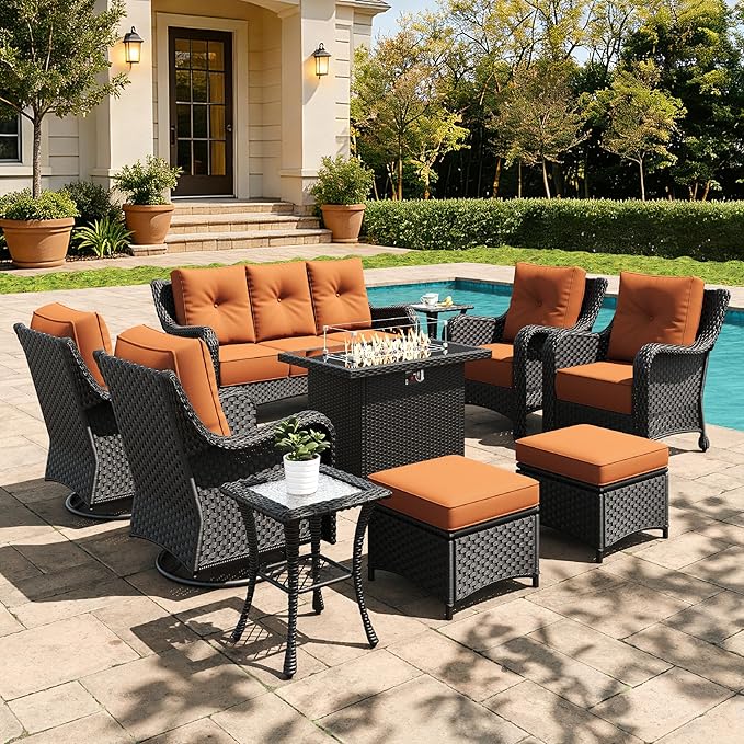 10 Pieces Outdoor Furniture Set with 6-inch Cushions, High Back Wicker Swivel Rocker Chairs with Fire Pit Table, Luxury Conversation Set for Deck Patio and Poolside