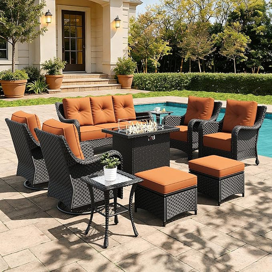 10 Pieces Outdoor Furniture Set with 6-inch Cushions, High Back Wicker Swivel Rocker Chairs with Fire Pit Table, Luxury Conversation Set for Deck Patio and Poolside