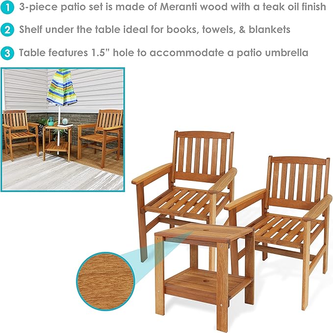 Sunnydaze Meranti Wood 3-Piece Outdoor Patio Conversation Set - 2 Chairs and 1 Table - Teak Oil Finish
