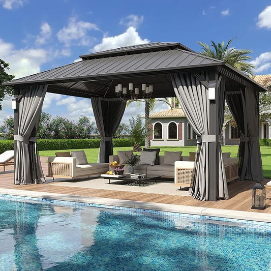 Aoxun 14'x12' Hardtop Gazebo with 4 LED Lights, Outdoor Gazebo with Galvanized Steel Double Roof, Patio Gazebo with Breathable Netting & Privacy Curtain, Decor Hooks for Backyard, Gray