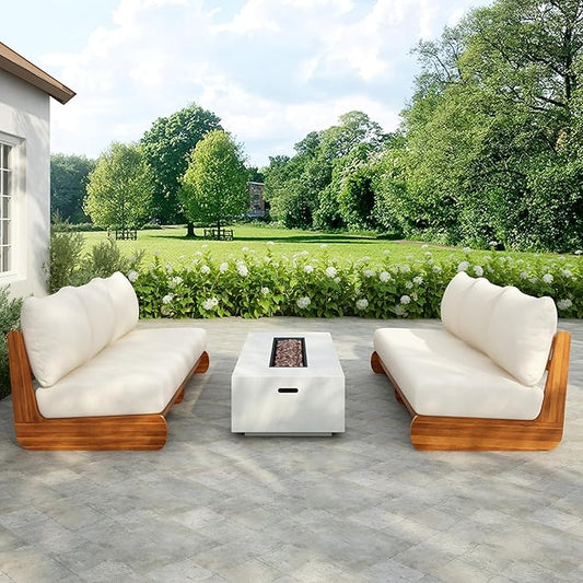 Christopher Knight Home Poppy 2 Piece Patio Conversation Set with Cushion, Acacia Wood 6 Seater Outdoor Sofa Chat Set, Outdoor Sectional Sofa Set of 2 for Patio Furniture Set, Teak+Beige
