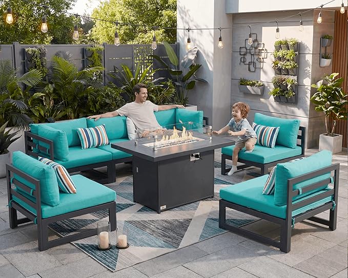 NICESOUL 7 Pcs Large Modern Aluminum Outdoor Patio Furniture Set with Fire Pit Table Propane/Gas, 29" Wide Deep Seat, Fade Resistant Sectional Sofa, 500 lbs Sturdy Backyard Conversation Set, Turquoise