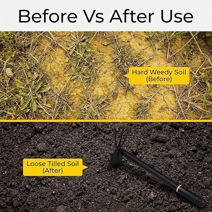 Garden Hoe and Cultivator, Heavy Duty Garden Tool, Manganese Steel Hand Hoe Garden Tool for Loosening Soil, Digging,Planting and Weeding,Ergonomic Handle for Garden,Yard,No Assembly Required