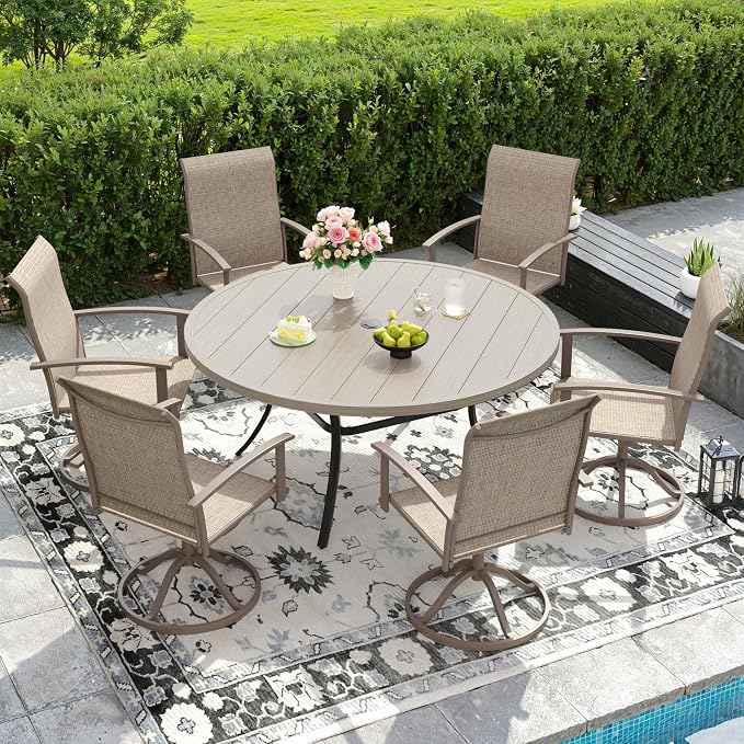 DIFY 7 Pieces Outdoor Dining Set for 6, 50" Grey Wood-Like Round Metal Table with Umbrella Hole and Sandshell Textilene Swivel Patio Chairs, Patio Table and Chairs Set for Garden, Backyard, Poolside