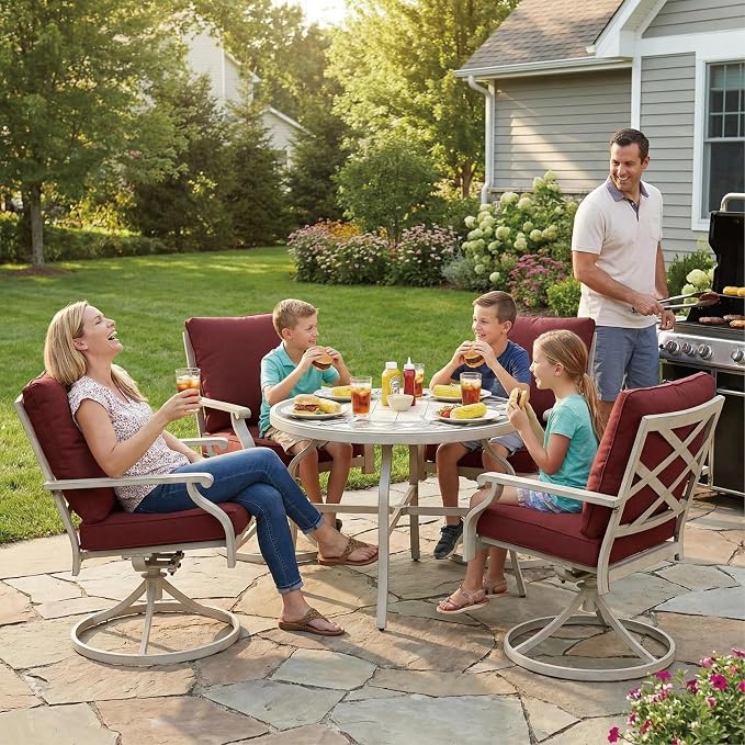 5-Piece Patio Dining Set, 4 Swivel Chairs with Removable Thickened Cushions & a 3D Textured Table with Umbrella Hole, All-Weather Furniture for Backyard, Garden, Lawn, Red
