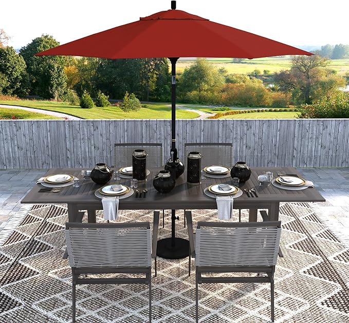 California Umbrella 9' Round Aluminum Market Umbrella, Crank Lift, Push Button Tilt, Black Pole, Red Olefin