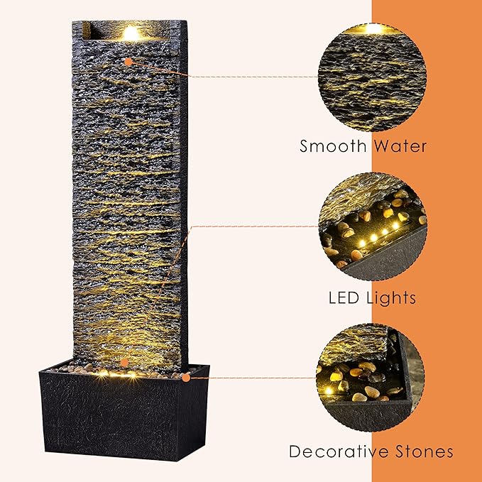 Water Fountain Outdoor, Floor Standing LED Illuminated Water Flow Elegant Water Fountain Pump 38.5" with Pebble Base for Garden, Patio and Yard (24372)