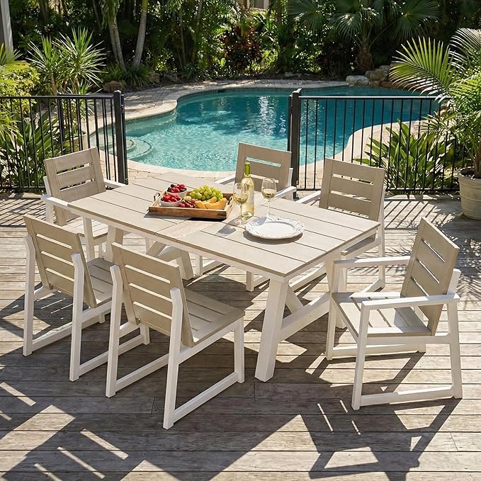 Costaelm Stinson 7-Piece Outdoor HDPE Patio Dining Table Set with Umbrella Hole & Dining Chairs for 6, Sand