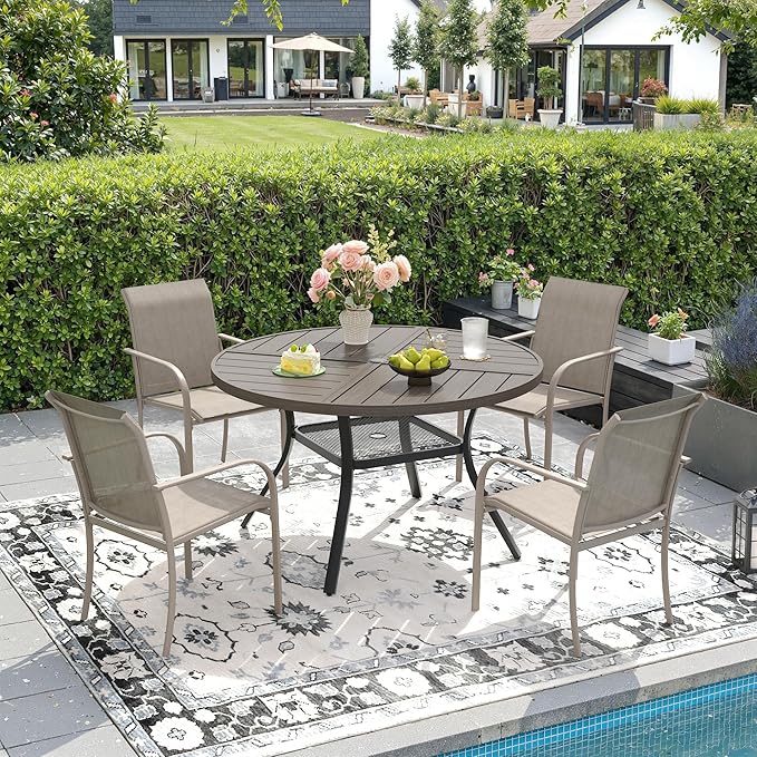 DIFY 5 Pieces Outdoor Patio Dining Set for 4, 40.6" Grey Wood-Like Round Metal Dining Table and 4 Sandshell Stackable Sling Dining Chairs, Outdoor Table and Chairs for Lawn Garden Backyard Deck