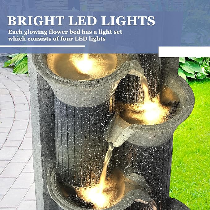 Grepatio Garden Water Fountain, 5 Tier Outdoor Cascading Waterfalls Fountains with LED Lights and Pump Indoor Modern 24" H Floor Standing Water Fountain for Garden, Patio, House Decor (Greyish Black)